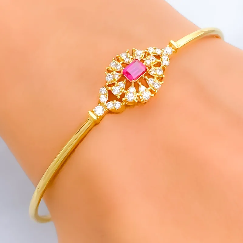 Ladies red gemstone bracelet-Captivating Timeless Floral Diamond + 18k Gold Bangle Bracelet