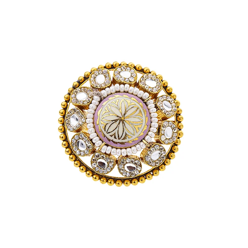 Ladies three-stone ring-22K Yellow Gold, CZ & Pearl Cocktail Ring (9.3gm)