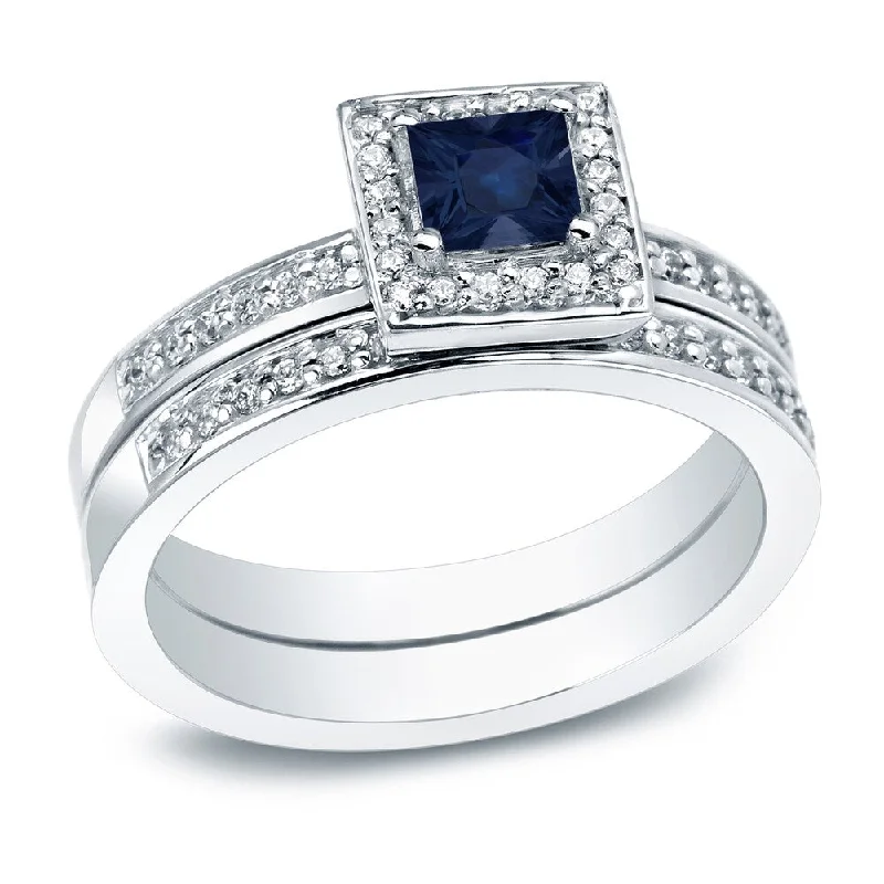 Ladies diamond halo engagement rings-Auriya 14k Gold 1/2ct Princess-cut Blue Sapphire and 1ctw Halo Diamond Engagement Ring (I1-I2)