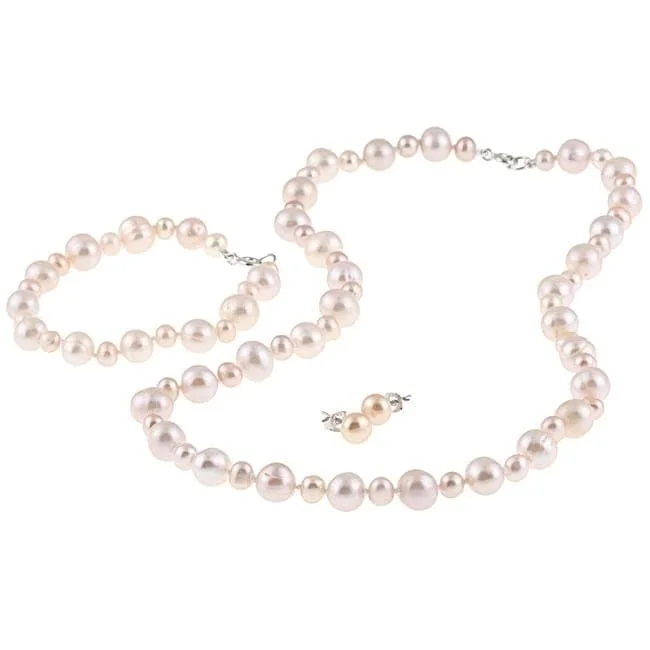 Ladies pearl bracelet-DaVonna Sterling Silver Pink Freshwater Pearl Necklace Bracelet and Earring Set (4-8 mm)