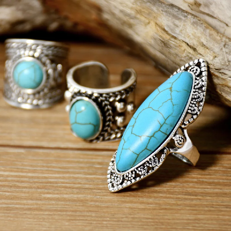 Ladies diamond ring-Wholesale Jewelry Ethnic Style Oval Alloy Turquoise Inlay Rings