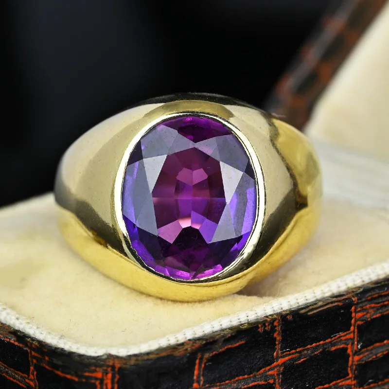 Ladies heart-shaped diamond ring-Retro 10K Gold Amethyst Signet Ring, Unisex Ring