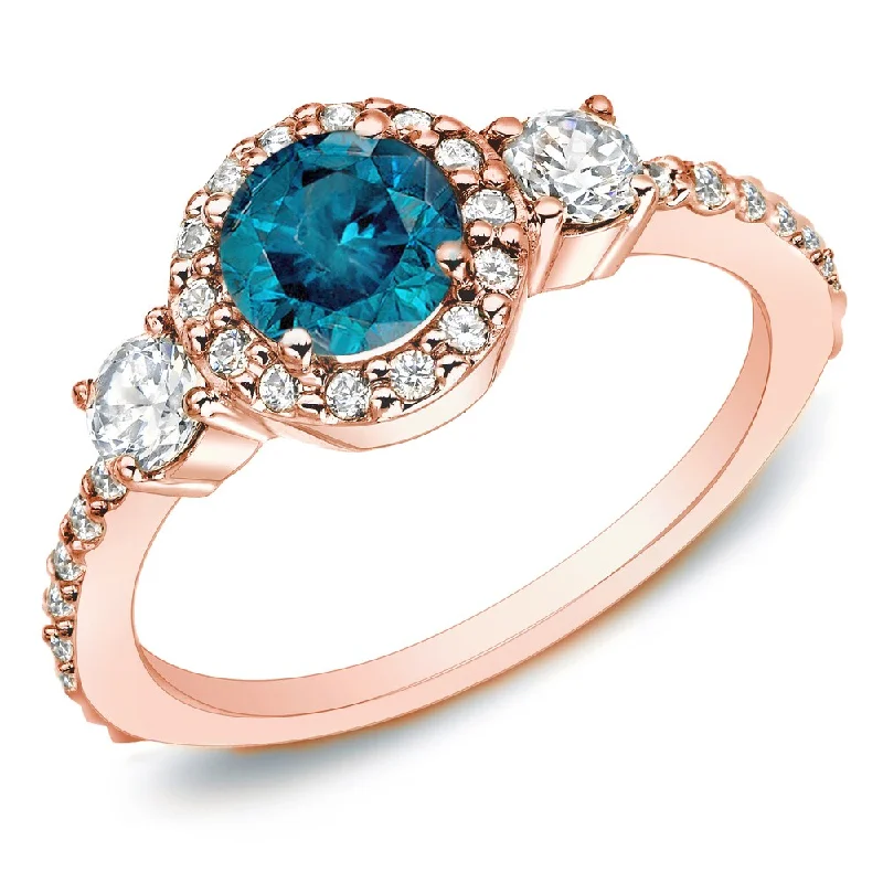 Ladies sapphire engagement rings-Auriya 1 1/4ctw 3-Stone Halo Blue Diamond Engagement Ring 14k Rose Gold