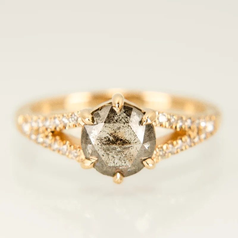 Ladies elegant gemstone ring-Juniper Pavé Ring - Rose Cut Salt + Pepper Diamond in 14k Yellow Gold