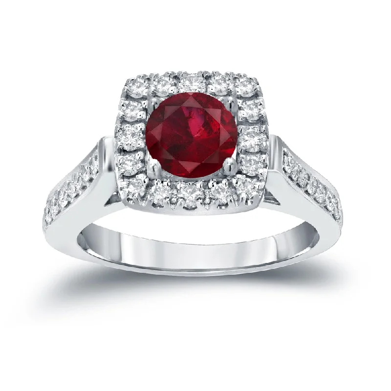 Ladies pear cut engagement rings-Round 1/5ct Red Ruby and 1/2ct TDW Diamond Halo Engagement Ring in 14k Gold by Auriya