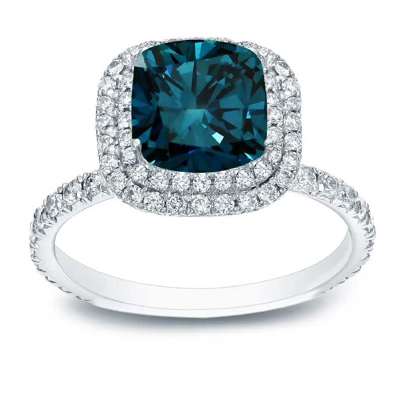 Ladies budget-friendly engagement rings-Auriya 18k Gold 3 carat TW Cushion-cut Halo Blue Diamond Engagement Ring