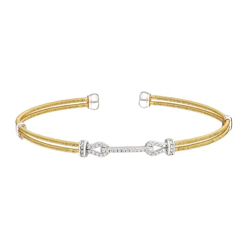 Ladies stackable bangles-Two Cable Bracelet with Simulated Diamonds Buckle Design