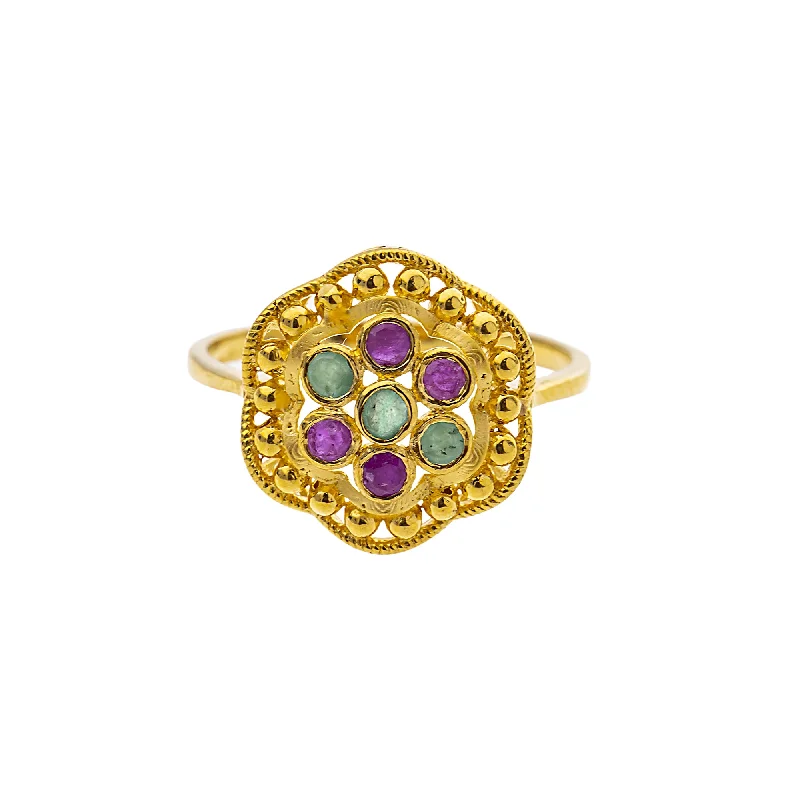 Ladies gemstone engagement ring-22K Yellow Gold, Emerald & Ruby Cocktail (3.3gm)