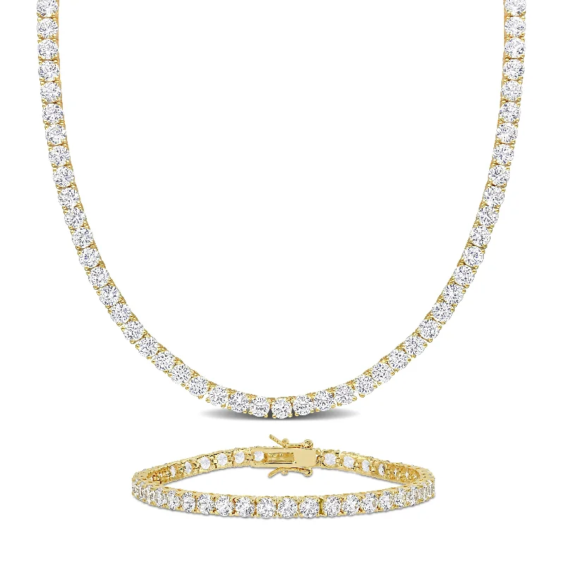 Ladies silver cuff bracelet-Miadora 47 1/4ct TGW Created White Sapphire Tennis Bracelet and Necklace Set Yellow Silver