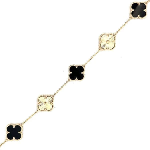 Ladies charm bracelet-14K Yellow Gold and Black Onyx Clover Bracelet