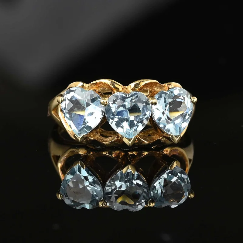 Ladies engraved ring-Vintage Three Stone Heart Cut Blue Topaz Ring in Gold