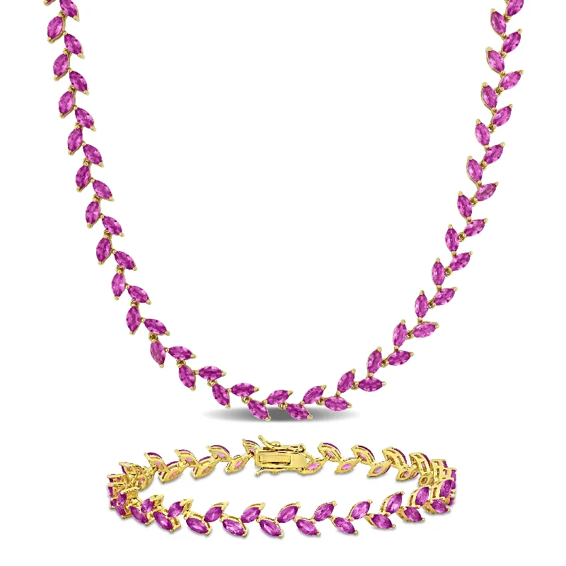 Ladies boho bangle-Miadora 41 1/2ct TGW Created Pink Sapphire Leaf Necklace and Bracelet Set Yellow Plated Sterling Silver