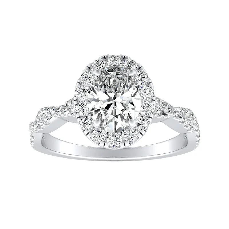 Ladies engagement rings with bezel setting-Twisted Oval-cut 1 1/3ctw 18k Gold Halo Diamond Engagement Ring by Auriya