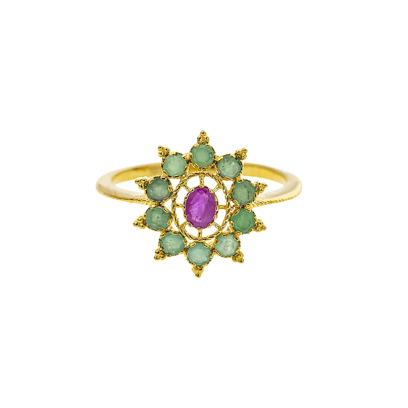 Ladies unique diamond ring-22K Yellow Gold, Emerald & Ruby Cocktail (2.6gm)