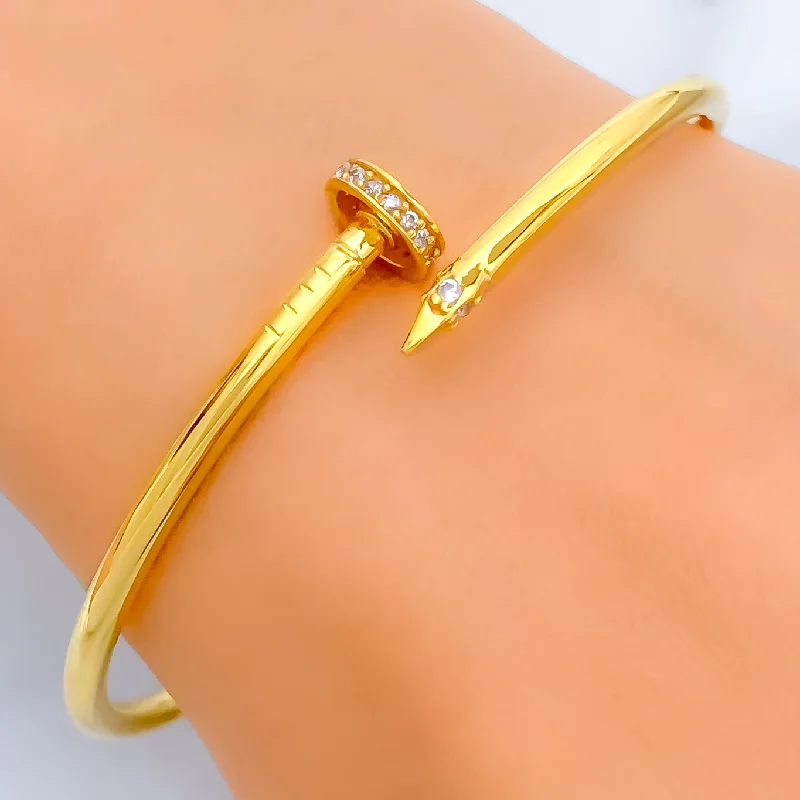 Ladies gold and pearl bracelet-Radiant Graceful 21k Gold CZ Nail Bangle Bracelet