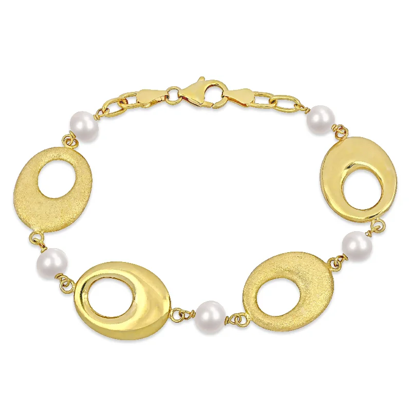 Ladies large bangle-Miadora Cultured Freshwater Pearl Oval Disc Station Chain Bracelet Yellow Silver