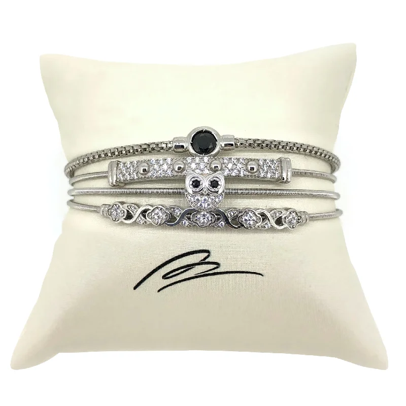 Ladies sterling silver bangle-Flexible Cable Circle Accent Bracelet with Simulated Diamonds