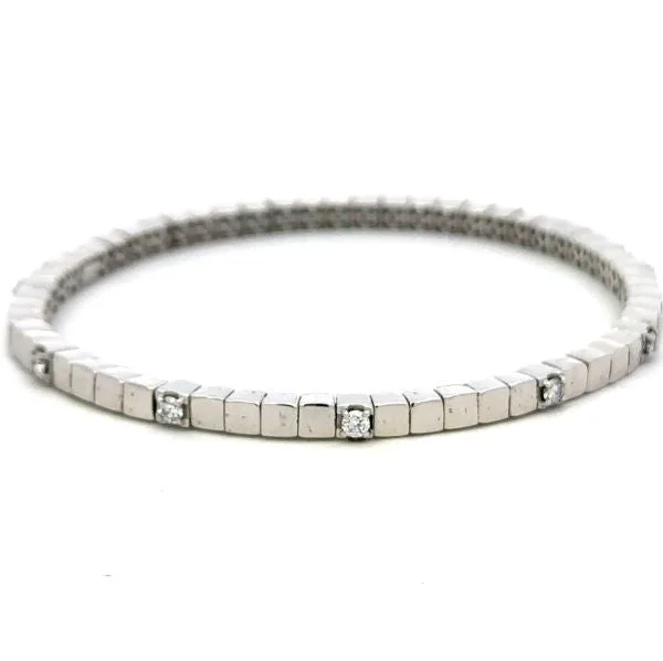 Ladies crystal bangles-Stretchable White Ceramic and 18K White Gold Diamond Bracelet