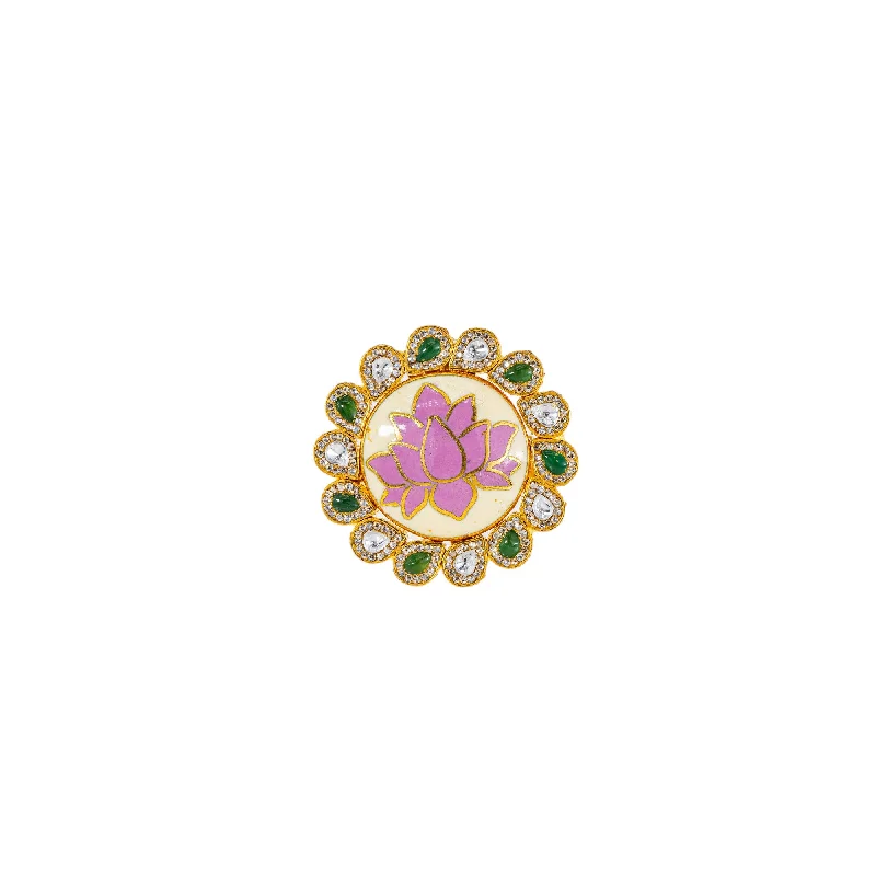 Ladies engraved ring-22K Antique Gold, Kundan, Emerald, & CZ Cocktail Ring (9.7gm)