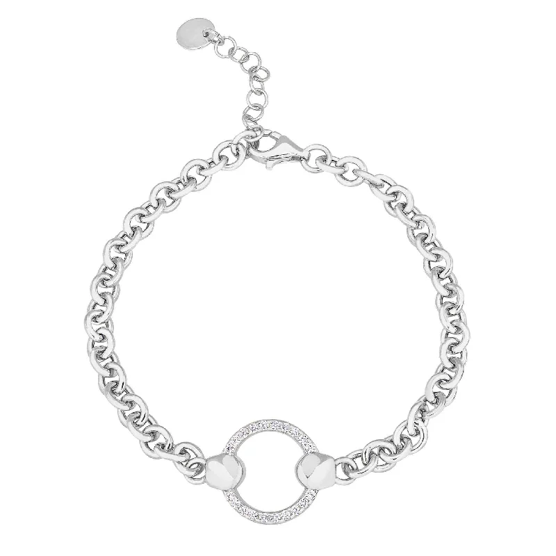 Ladies sterling silver bangle-Open Circle Cable Link Bracelet with Simulated Diamonds