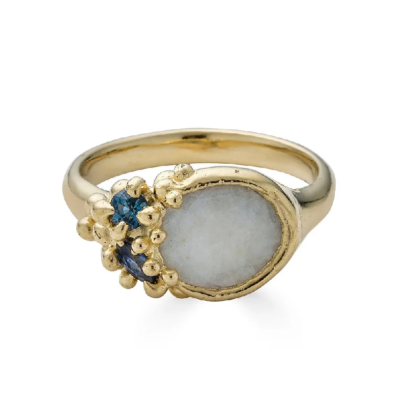 Ladies contemporary diamond ring-Beach Stone + Sapphire Froth Ring, 14k