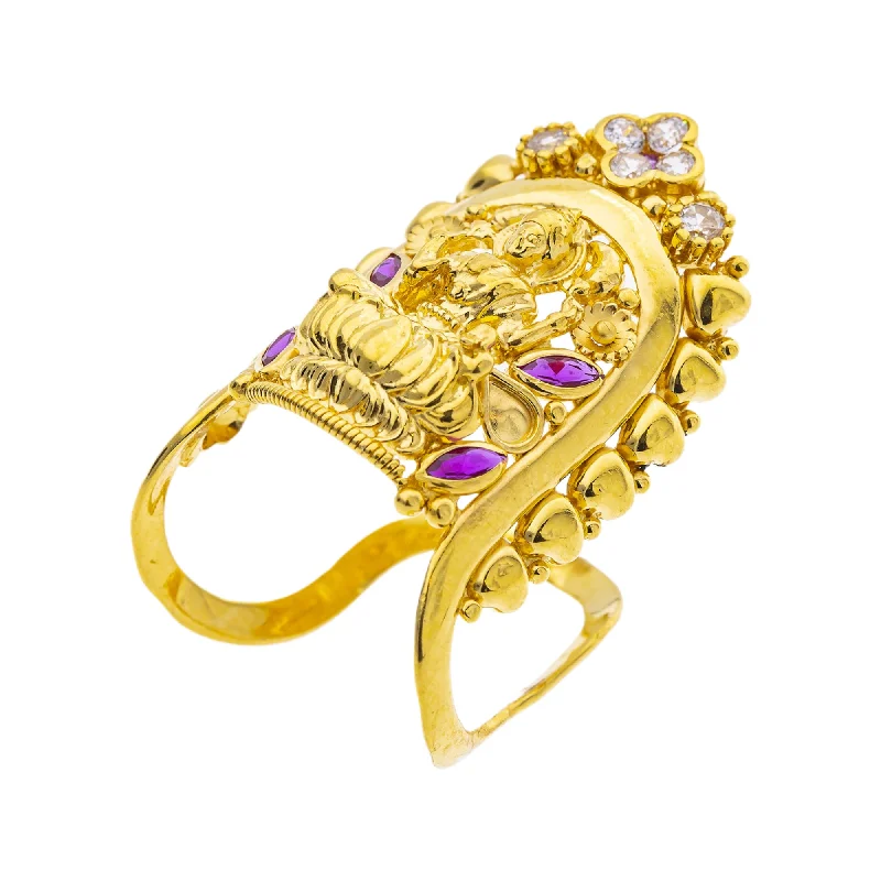 Ladies vintage-style ring-22K Yellow Gold Temple Vanki Ring w/ Ruby & CZ (5.8gm)