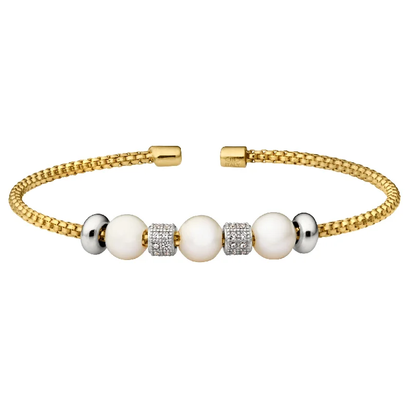 Ladies gemstone-studded bracelet-Rounded Box Link Bracelet with Simulated Pearls and Simulated Diamond