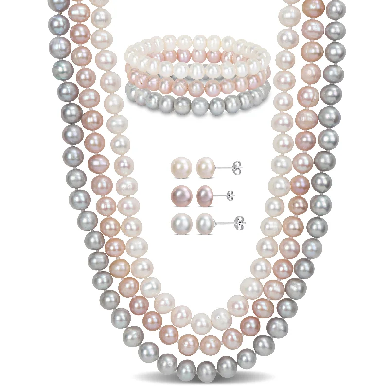 Ladies silver chain bracelet-Miadora 7 Pc Set Of 7.5-8mm Multicolor FW Pearl 3 Strand 18.5+20+21.5" Necklace, Stretch Bracelets & 3 Pairs Earrings