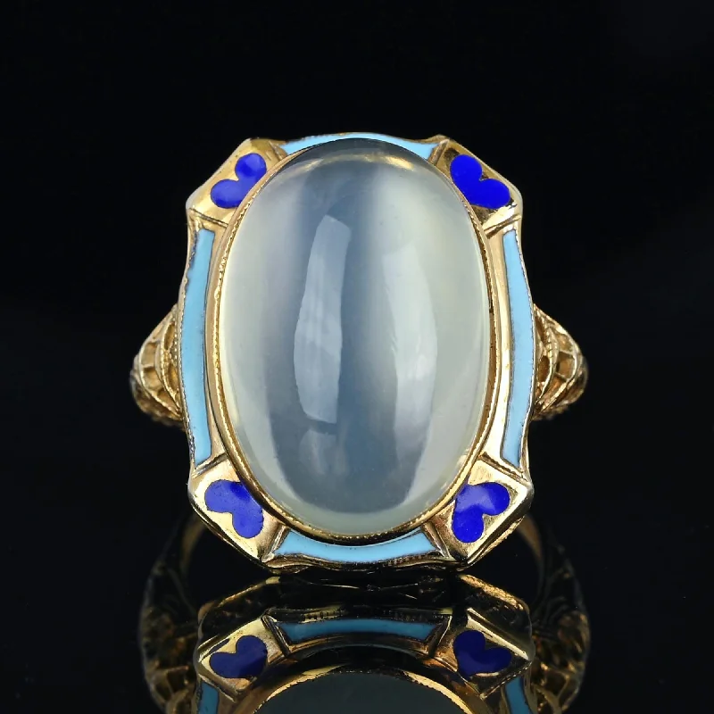 Ladies matching ring set-Art Deco Blue Enamel 14K Gold Filigree Moonstone Ring