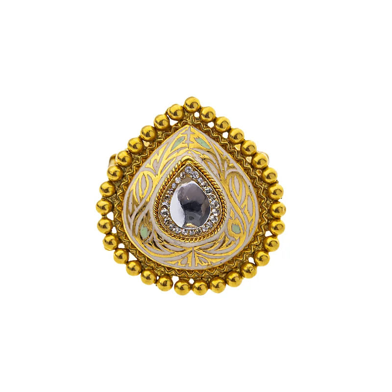 Ladies large gemstone ring-22K Yellow Gold, Kundan & CZ Cocktail Ring (6.4gm)