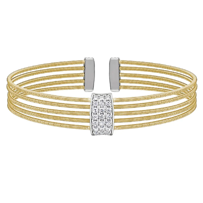 Ladies luxury gold bracelet-Sterling Silver Multi Cable Bracelet With Three Rows of Simulated Diamonds