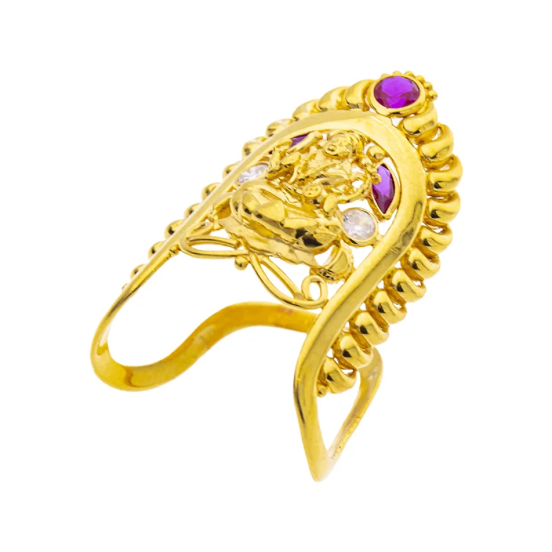 Ladies art deco ring-22K Yellow Gold Temple Vanki Ring w/ Ruby & CZ (4.5gm)