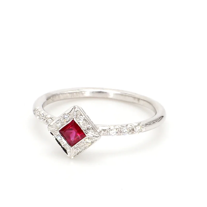 Ladies colored gemstone engagement rings-Square Ruby & Pave Diamond Engagement Ring