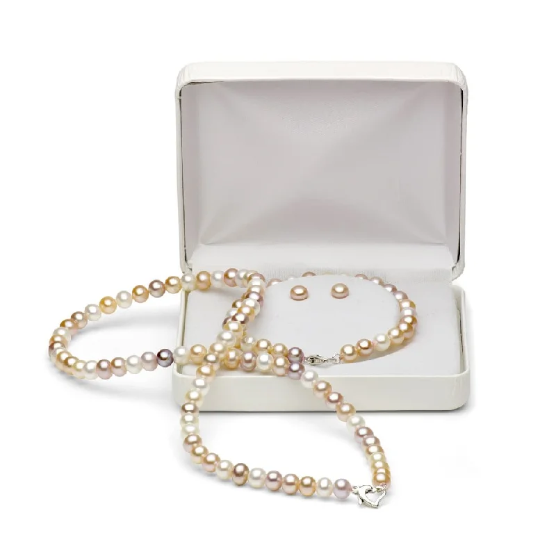 Ladies delicate bracelet-DaVonna Silver Freshwater Pearl Necklace Bracelet and Earring Set with Gift Box