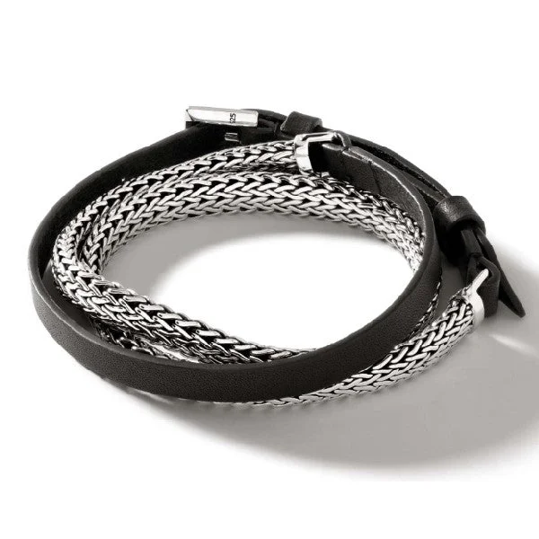 Ladies silver bracelet-JOHN HARDY Icon Black Leather and Sterling Silver Wrap Bracelet