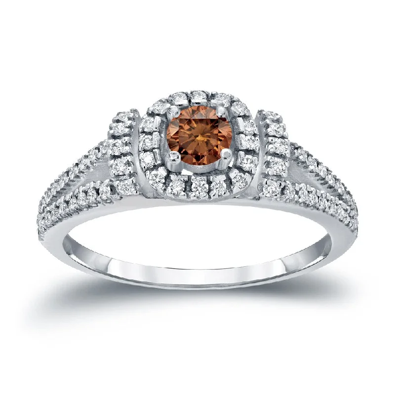 Ladies unique stone engagement rings-14k Gold Round 1/2ct TDW Split Shank Brown Diamond Halo Engagement Ring by Auriya (I1-I2)