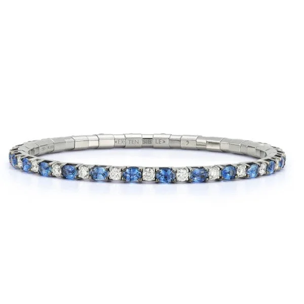 Ladies boho bracelet-EXTENSIBLE 18K White Gold Blue Sapphire and Diamond Bracelet