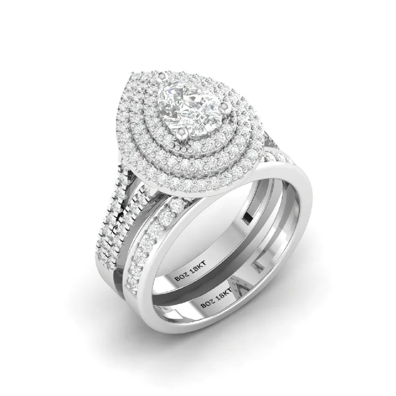 Ladies fashion statement ring-Triple Halo Pear Natural Diamond Bride Set