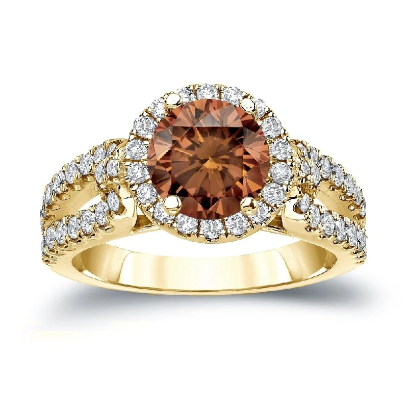 Ladies engagement rings with big diamonds-Auriya 1 1/2ctw Round Brown Diamond Halo Engagement Ring 14k Gold