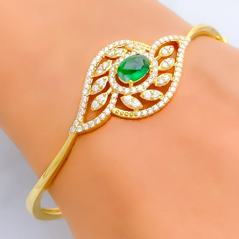 Ladies leather bracelet-Majestic Leaf Adorned Diamond + 18k Gold Bangle Bracelet