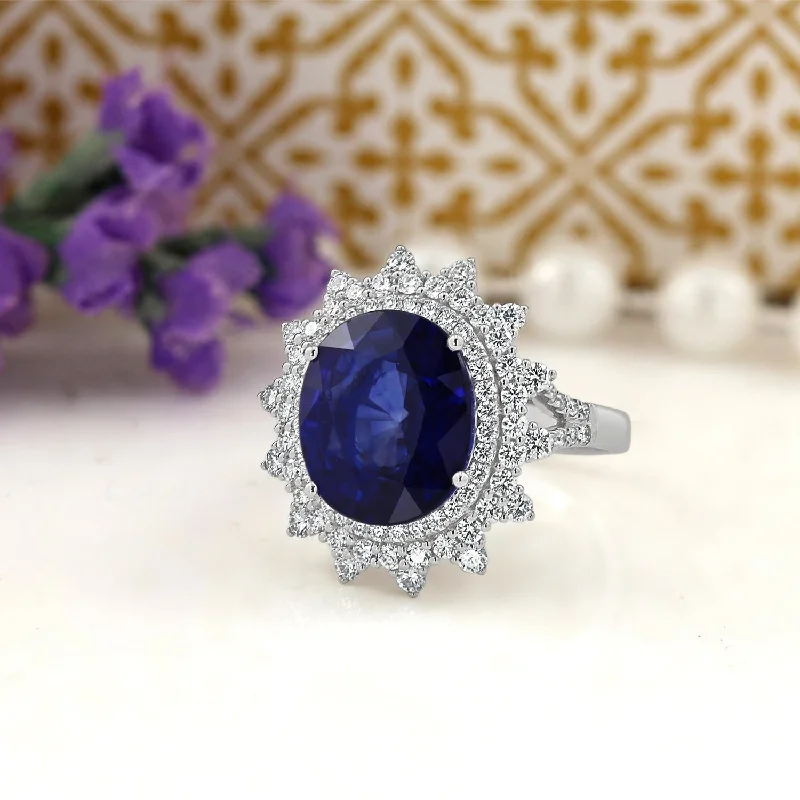 Ladies vintage-inspired engagement rings with diamonds-Auriya Unique 8 3/8ct Oval Royal Blue Sapphire Halo Diamond Engagement Ring 3/4ctw 18k Gold