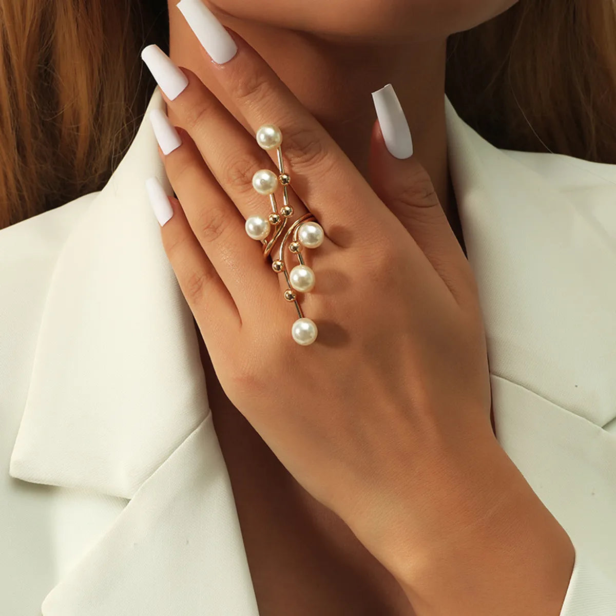 Ladies three-stone ring-1 Piece Retro Geometric Alloy Plating Artificial Pearls Women's Open Ring