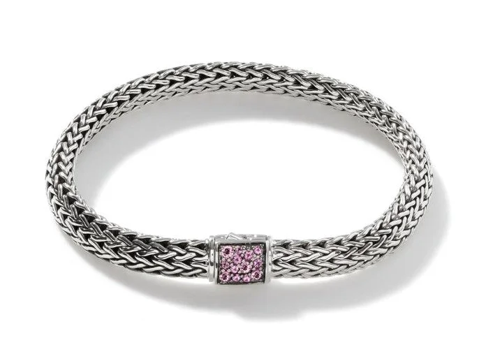 Ladies sterling silver bangle-JOHN HARDY Classic Chain Black Sapphire And Pink Tourmaline Reversible Icon Bracelet