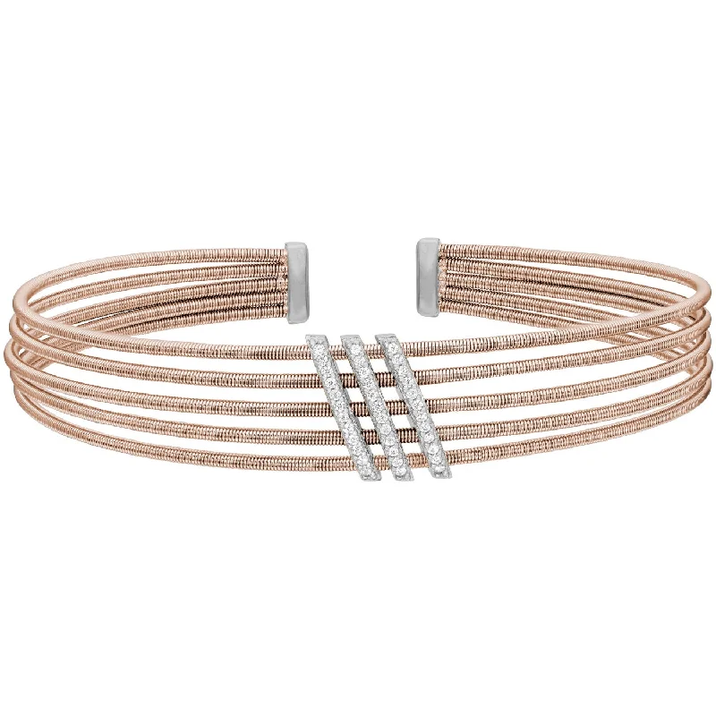 Ladies stacking bracelets-Sterling Silver Multi Cable Bracelet With Three Diagonal Bars of Simulated Diamonds