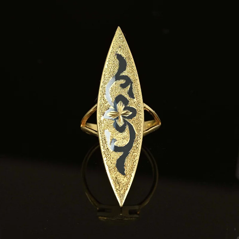 Ladies stackable gemstone ring-Antique 14K Gold Enamel Taille D'Epargne Navette Ring