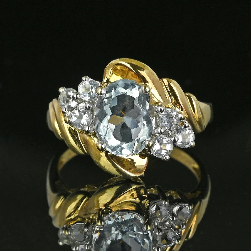 Ladies gemstone promise ring-Vintage Gold Aquamarine Cluster Cocktail Ring