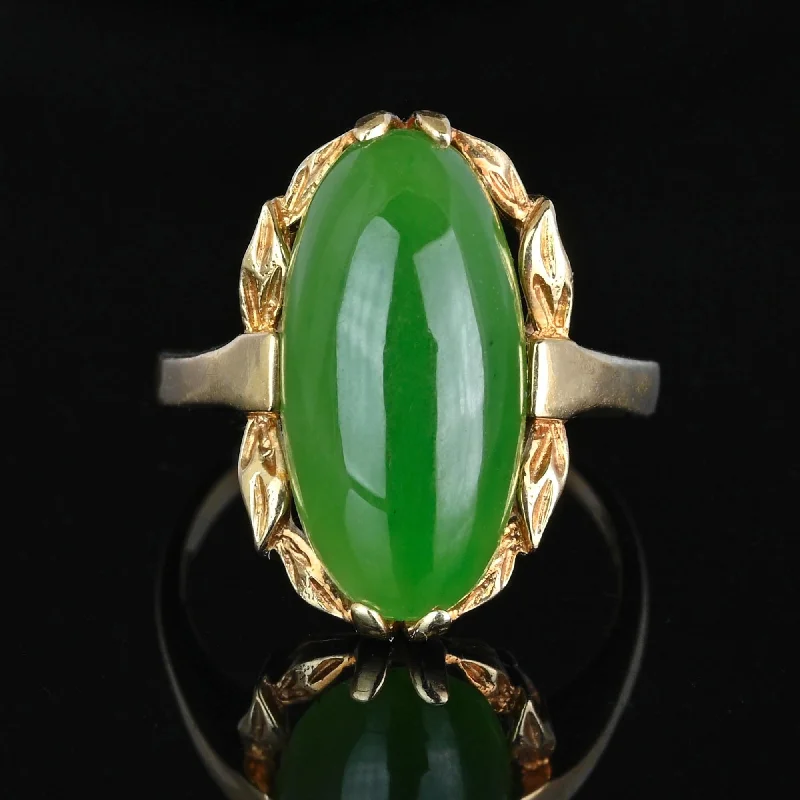 Ladies emerald and diamond ring-Vintage Gold Leaf Oval Natural Jade Cabochon Ring