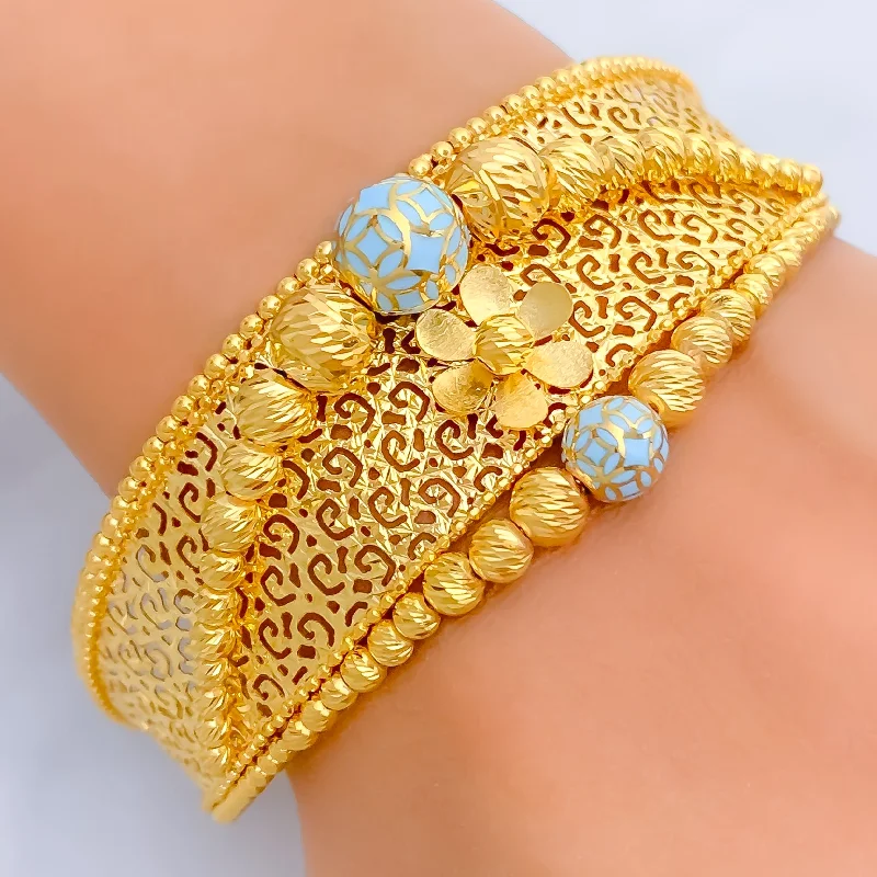 Ladies silver bracelet with gemstones-Opulent Blue 21k Statement Bangle Bracelet