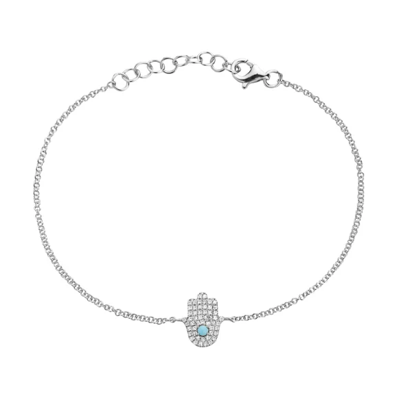 Ladies red gemstone bracelet-14K White Gold Turquoise and Diamond Hamsa Hand Bracelet