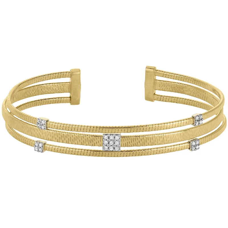 Ladies bangle bracelet-Three Strand Cable Bracelet with Simulated Diamond Square Accents